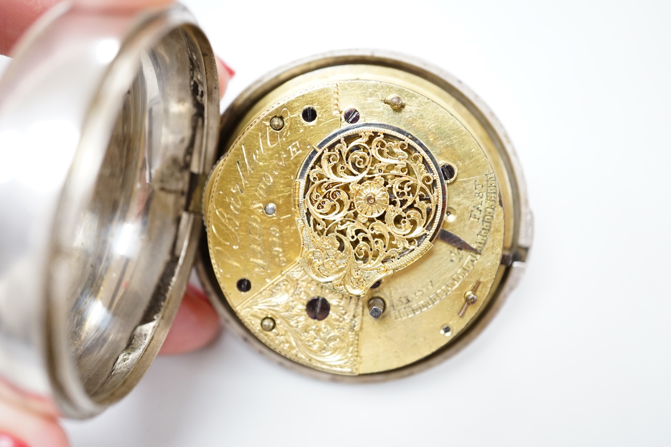 A 19th century silver pair cased keywind verge pocket watch, by Bartlett of Maidstone, case diameter 64mm.